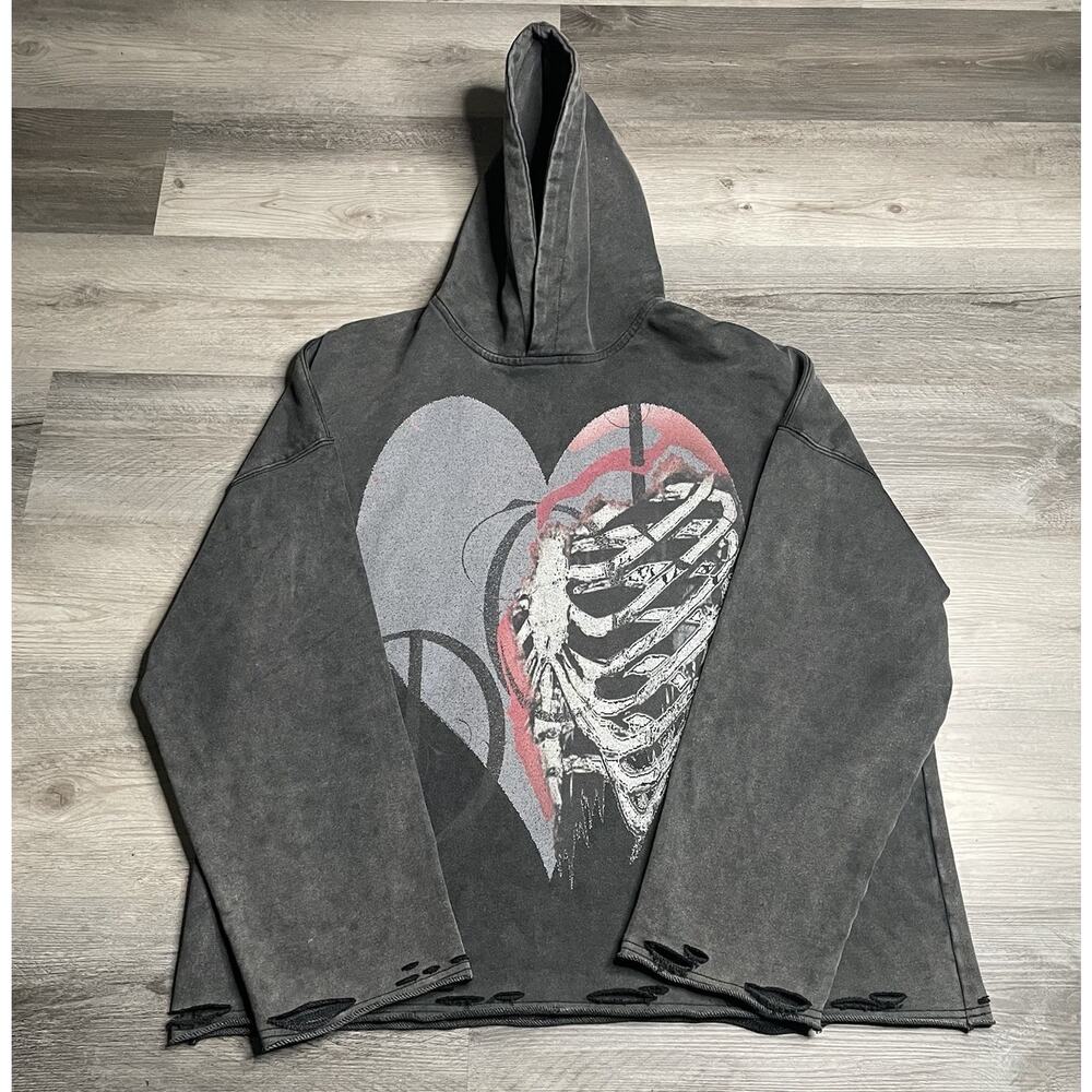 Definition of Love Men’s Oversized Gray Pullover Hoodie Heart Skeleton US XL